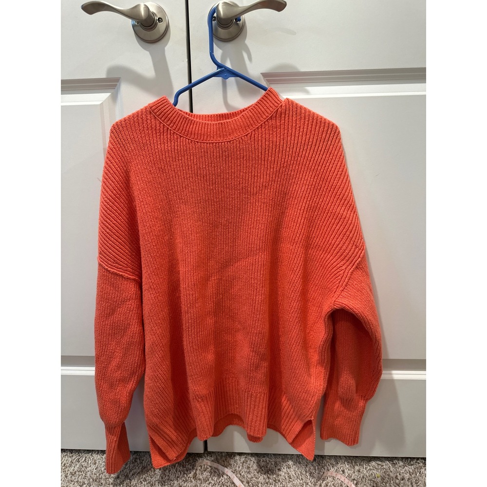 Lucky Brand Womens Coral Orange Shaker Rib Knit Oversized Crewneck Sweater Small